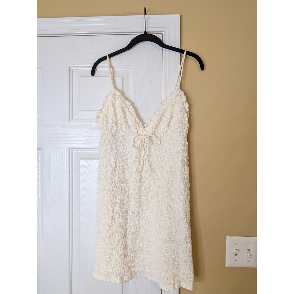 Princess Polly Textured Mini Dress Size 6 Cream Tie Front Strappy Babydoll Dress